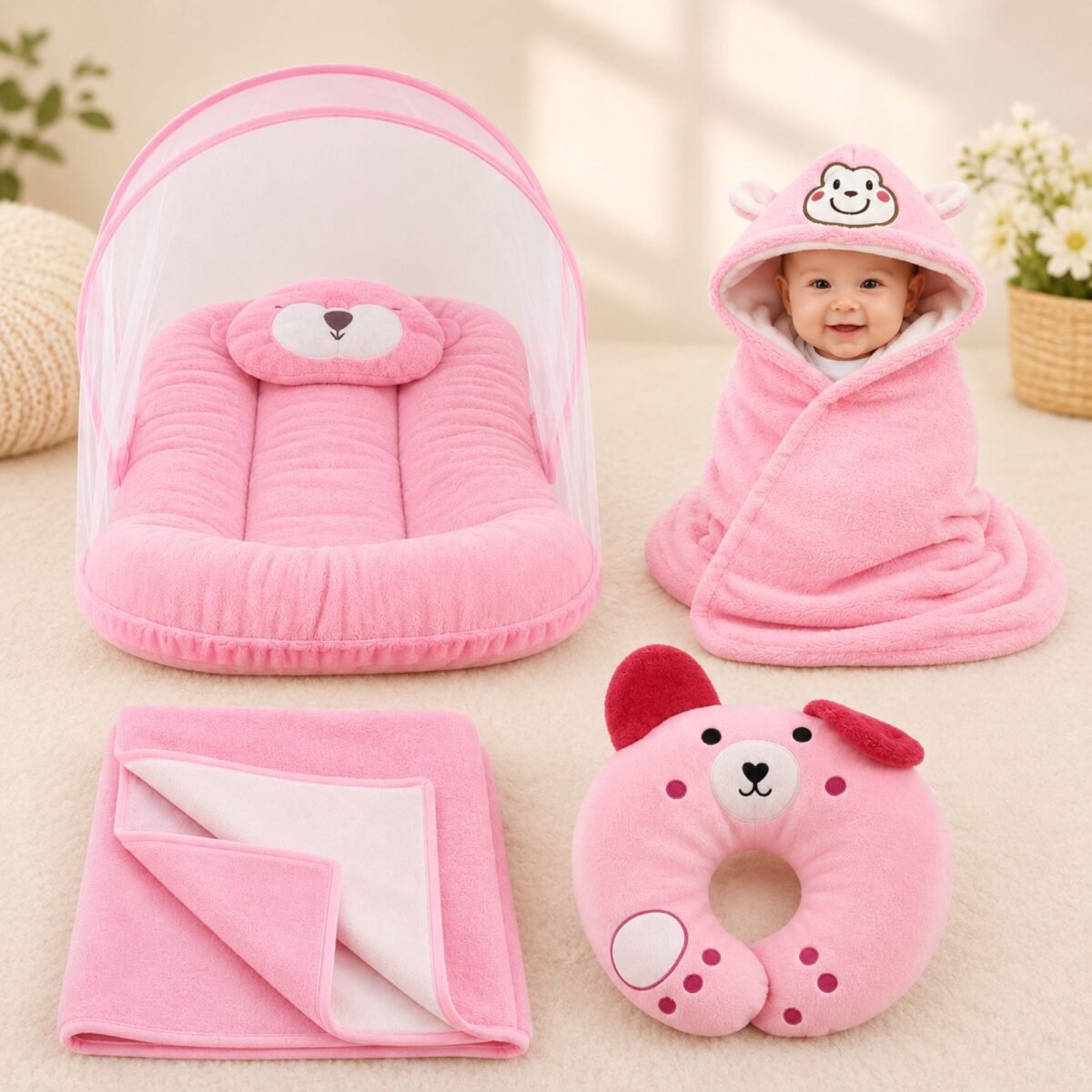 4 in 1 Newborn Baby Bed Set with Mosquito Net | Hooded Baby Wrapper | Blanket | Baby Pillow (Pink)