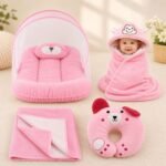4 in 1 Newborn Baby Bed Set with Mosquito Net | Hooded Baby Wrapper | Blanket | Baby Pillow (Pink)
