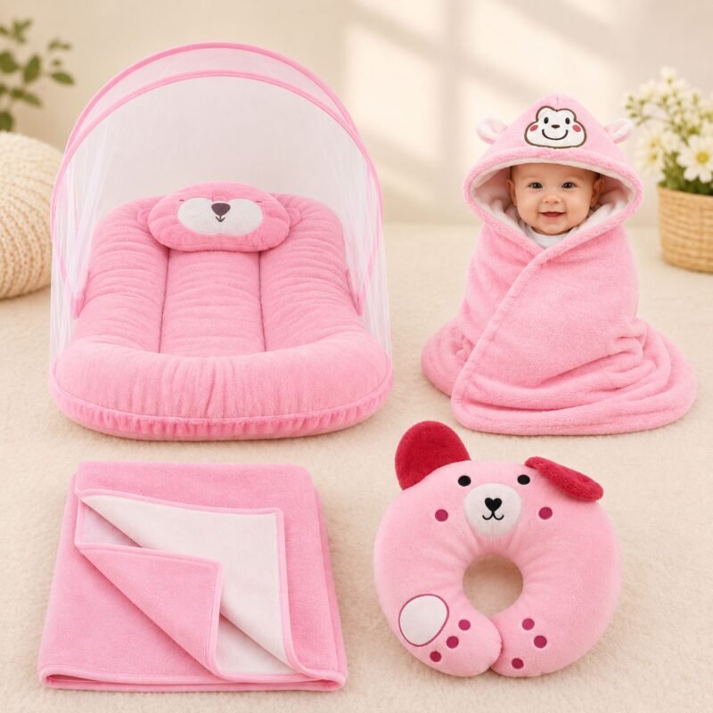 4 in 1 Newborn Baby Bed Set with Mosquito Net | Hooded Baby Wrapper | Blanket | Baby Pillow (Pink)