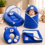 4 in 1 Newborn Baby Bed Set with Mosquito Net | Hooded Baby Wrapper | Blanket | Baby Pillow (Blue)