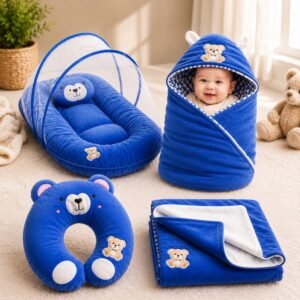 4 in 1 Newborn Baby Bed Set with Mosquito Net | Hooded Baby Wrapper | Blanket | Baby Pillow (Blue)