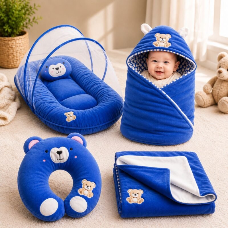 4 in 1 Newborn Baby Bed Set with Mosquito Net | Hooded Baby Wrapper | Blanket | Baby Pillow (Blue)