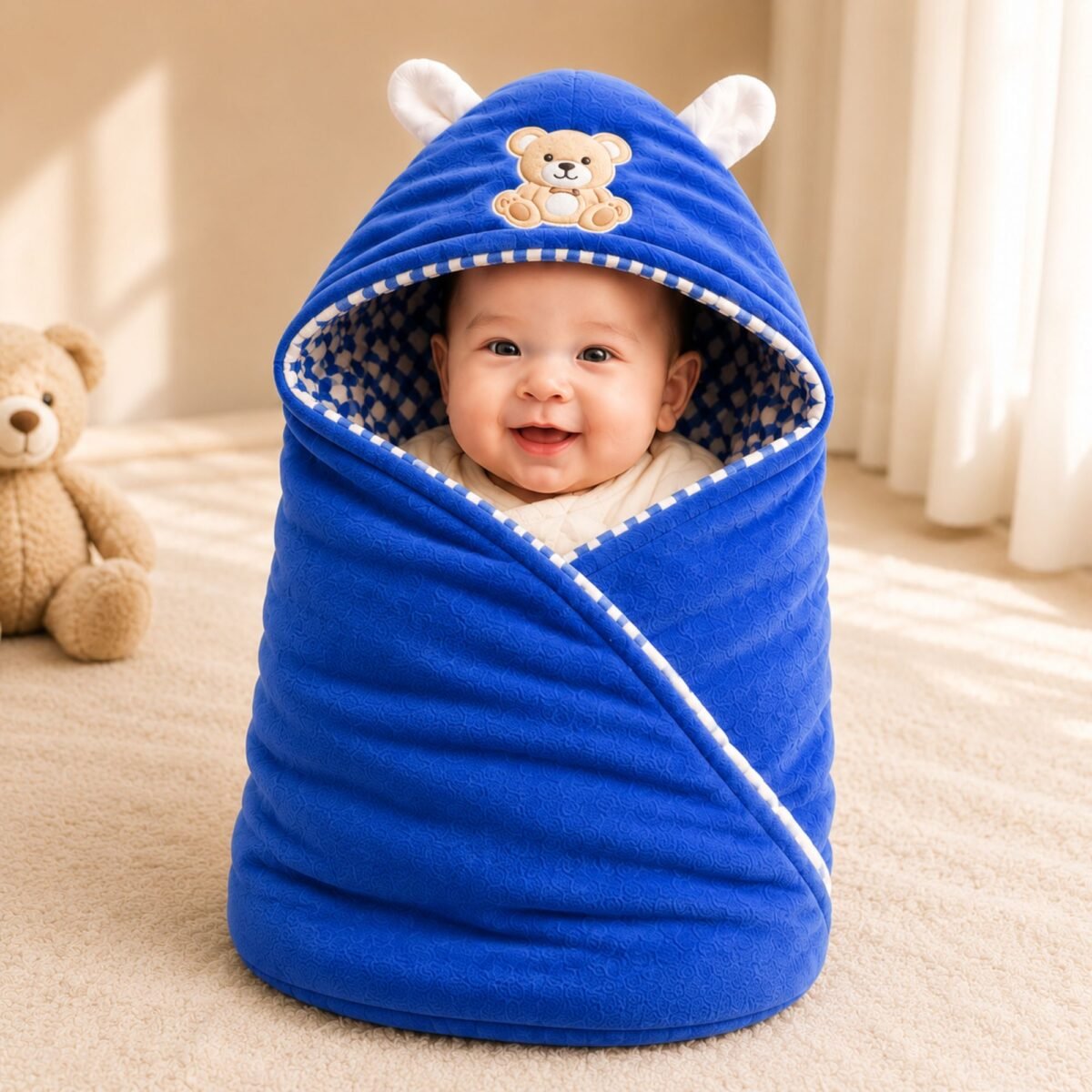4 in 1 Newborn Baby Bed Set with Mosquito Net | Hooded Baby Wrapper | Blanket | Baby Pillow (Blue)