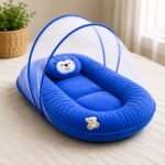 4 in 1 Newborn Baby Bed Set with Mosquito Net | Hooded Baby Wrapper | Blanket | Baby Pillow (Blue)