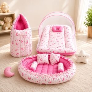 4 in 1 Newborn Baby Bedding Combo | Baby Bed | Sleeping Bag | Baby Sofa | Mosquito Net (Pink)