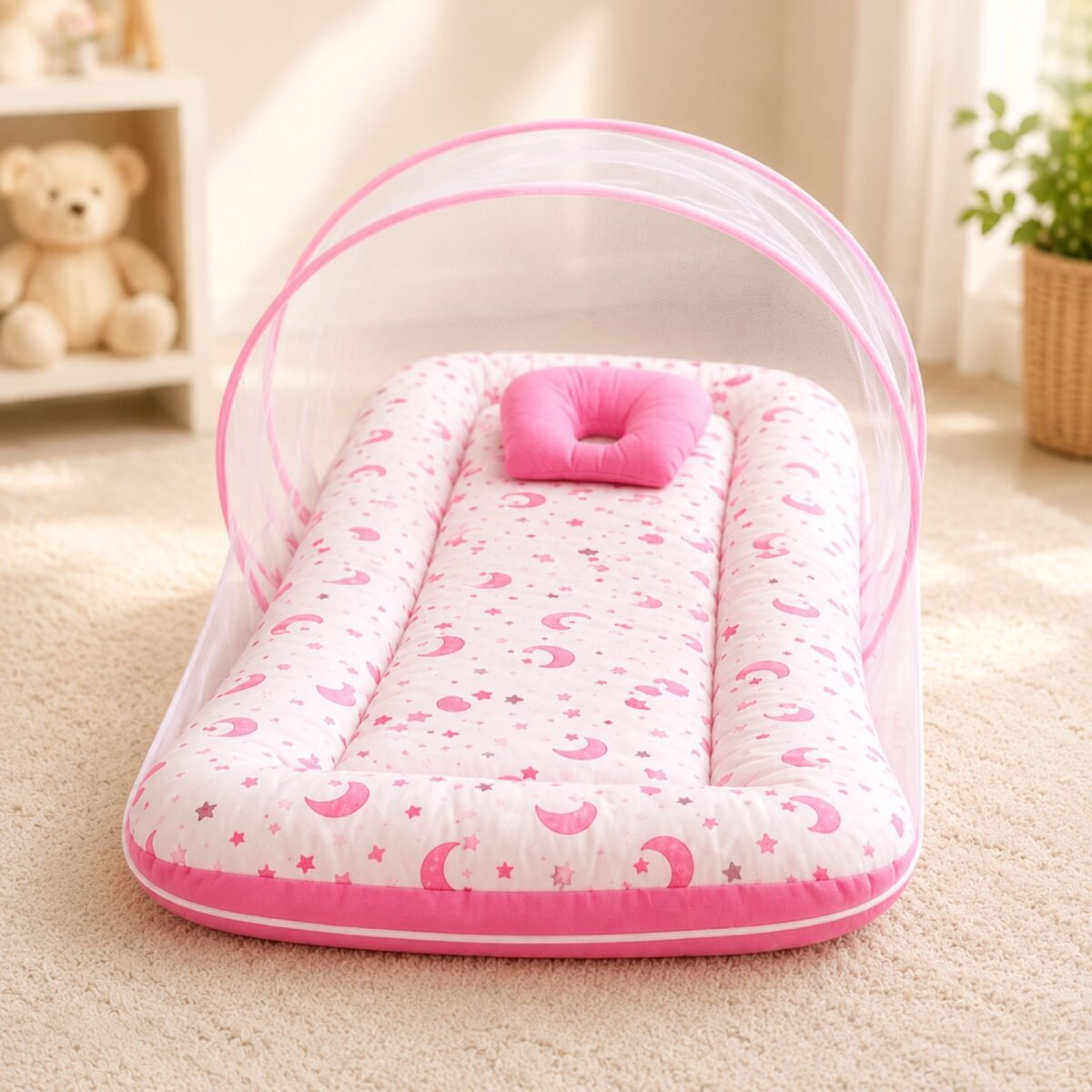 4 in 1 Newborn Baby Bedding Combo | Baby Bed | Sleeping Bag | Baby Sofa | Mosquito Net (Pink)