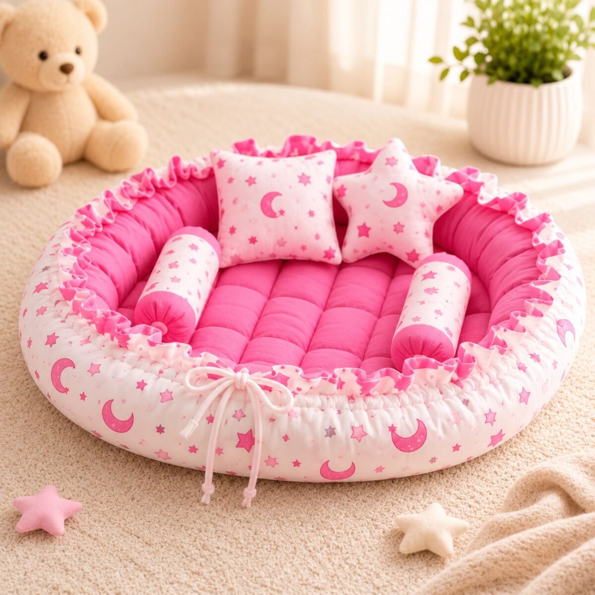 4 in 1 Newborn Baby Bedding Combo | Baby Bed | Sleeping Bag | Baby Sofa | Mosquito Net (Pink)