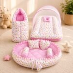 4 in 1 Newborn Baby Bedding Set | Baby Bed with Mosquito Net | Sleeping Bag | Baby Sofa Seat (Pink Confetti Print)