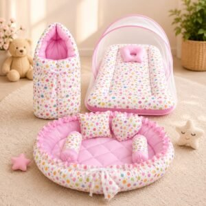 4 in 1 Newborn Baby Bedding Set | Baby Bed with Mosquito Net | Sleeping Bag | Baby Sofa Seat (Pink Confetti Print)