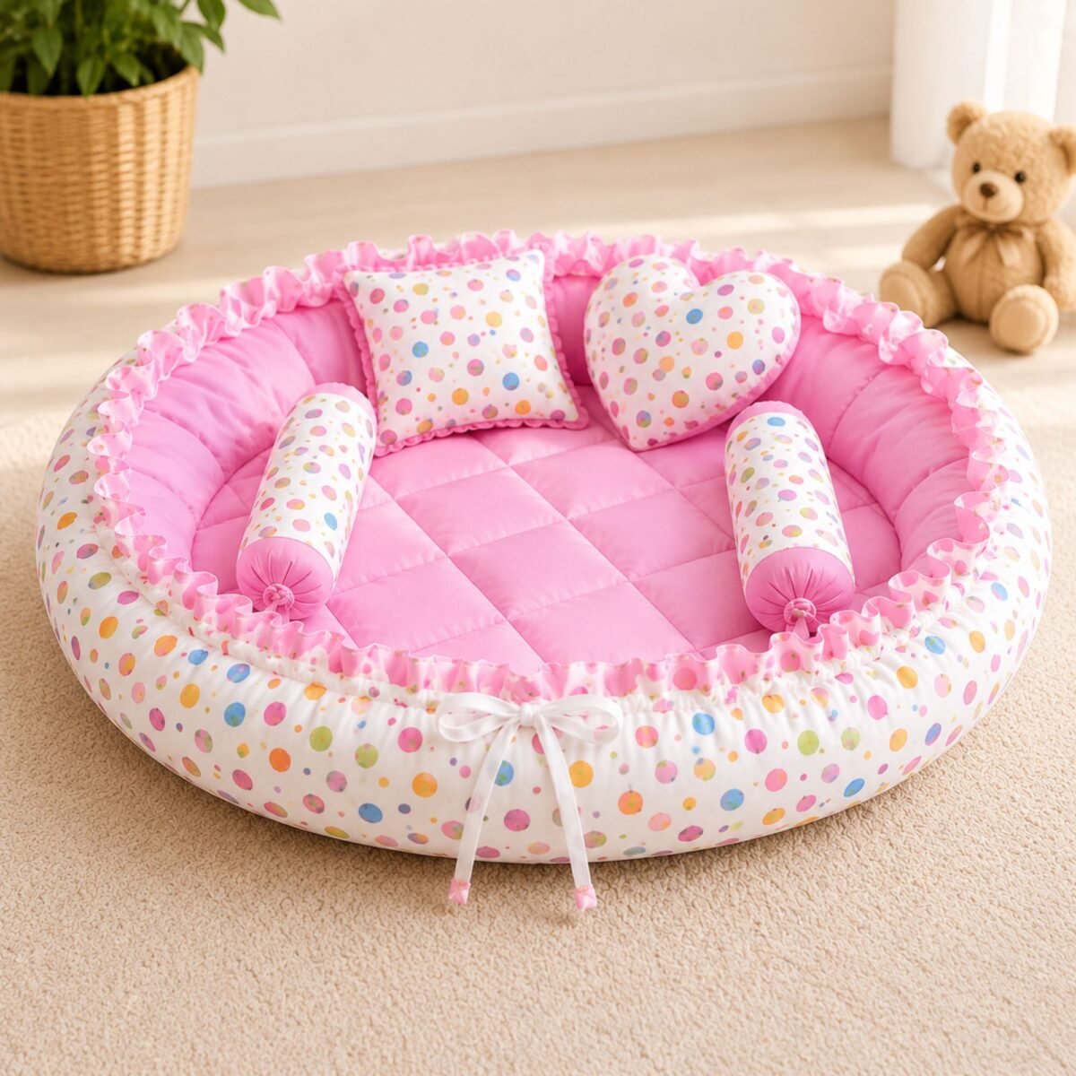 4 in 1 Newborn Baby Bedding Set | Baby Bed with Mosquito Net | Sleeping Bag | Baby Sofa Seat (Pink Confetti Print)