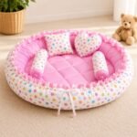 4 in 1 Newborn Baby Bedding Set | Baby Bed with Mosquito Net | Sleeping Bag | Baby Sofa Seat (Pink Confetti Print)