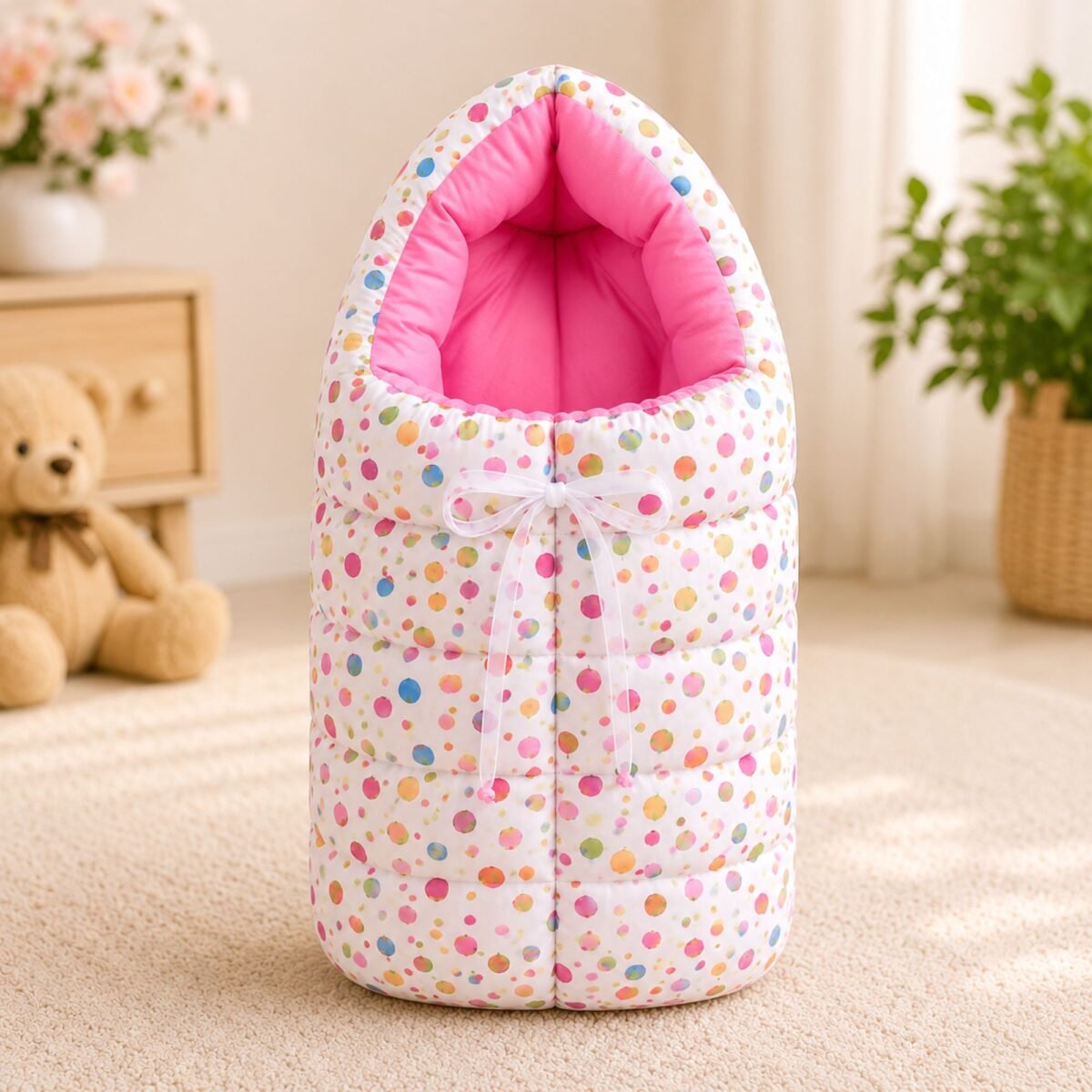 4 in 1 Newborn Baby Bedding Set | Baby Bed with Mosquito Net | Sleeping Bag | Baby Sofa Seat (Pink Confetti Print)