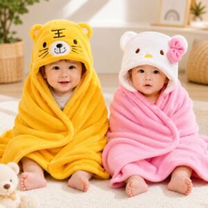 2 in 1 Hooded Baby Bath Towel & Baby Wrapper | Ultra Soft Baby Blanket (Tiger & Kitty Design)