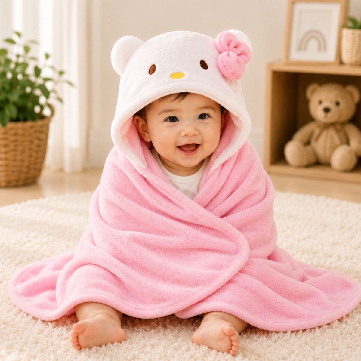 2 in 1 Hooded Baby Bath Towel & Baby Wrapper | Ultra Soft Baby Blanket (Tiger & Kitty Design)