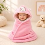 4 in 1 Newborn Baby Bed Set with Mosquito Net | Hooded Baby Wrapper | Blanket | Baby Pillow (Pink)