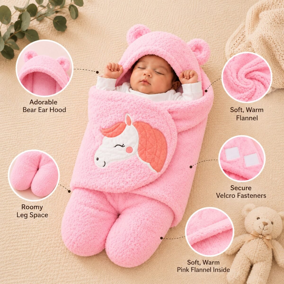 Baby Wrapper with Hood – Soft Newborn Blanket (Pink)